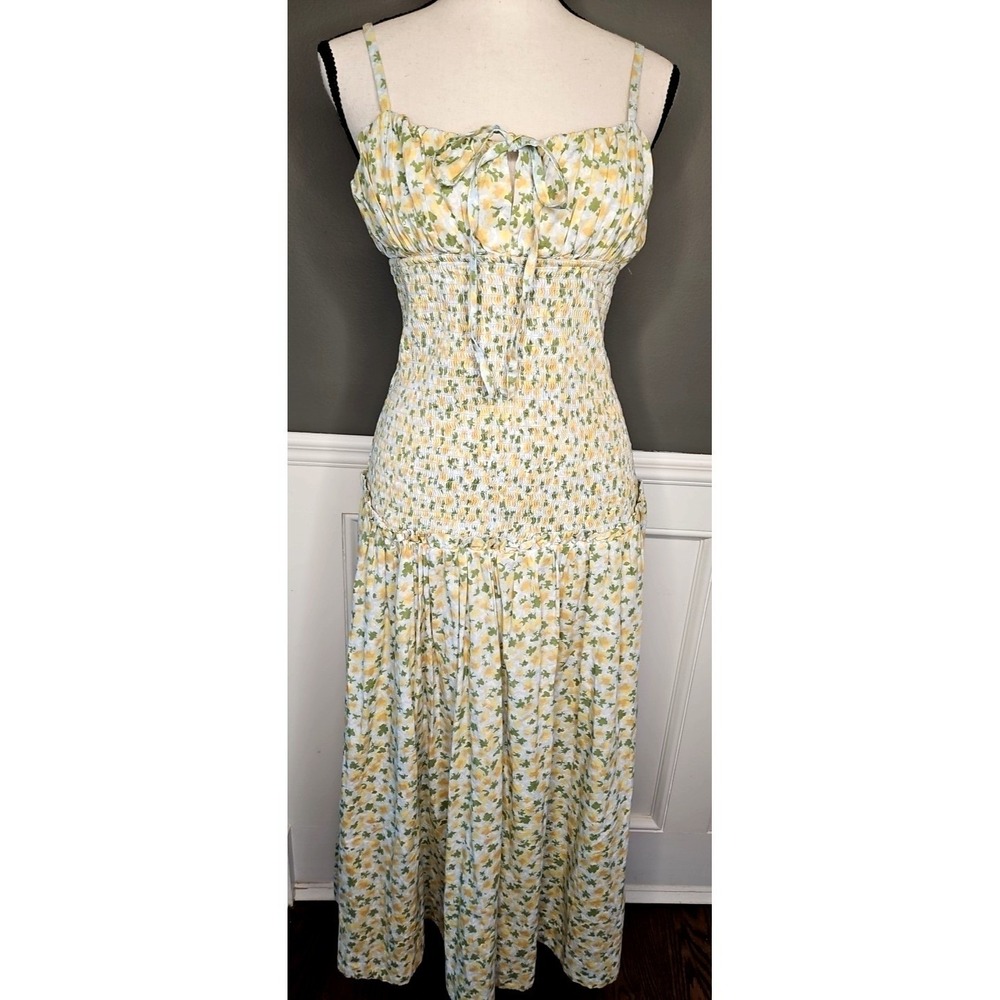 Free People Lavender Daze Green Yellow Dress Med Smocked Drop Waist Cottage NWOT - Picture 2 of 10